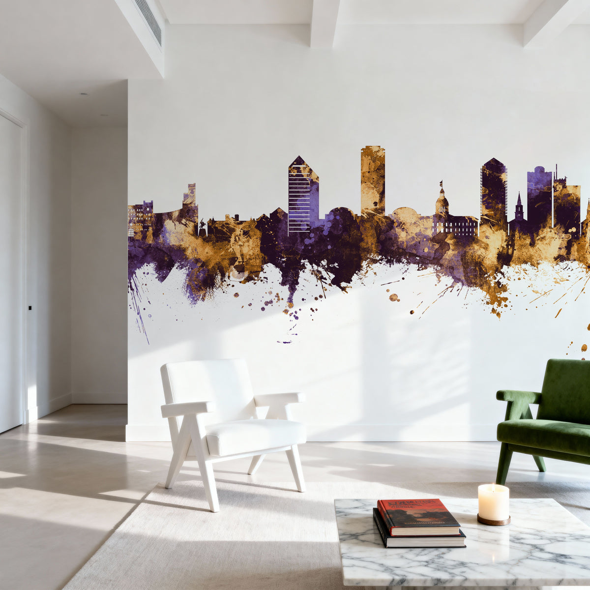 Tallahassee Florida Skyline Purple & Gold Mural Wallpaper - room preview 05