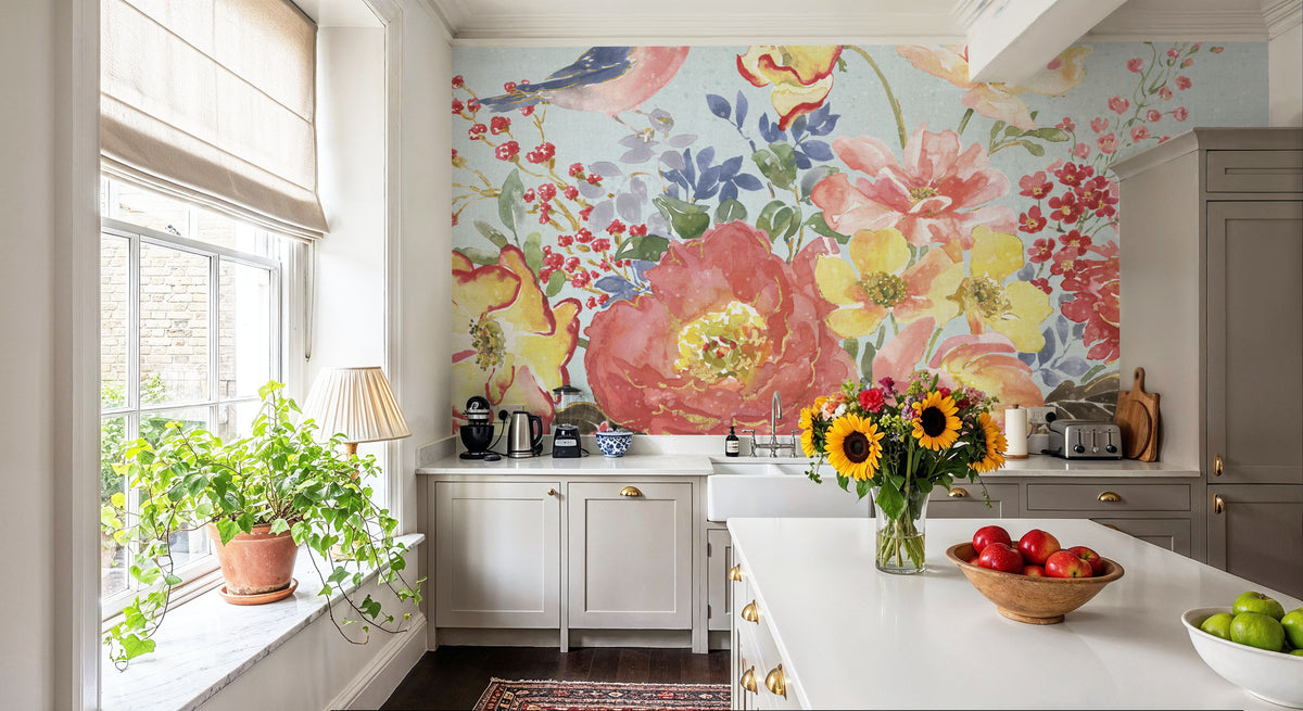 Floral Focus Blue Mural Wallpaper - room preview 05