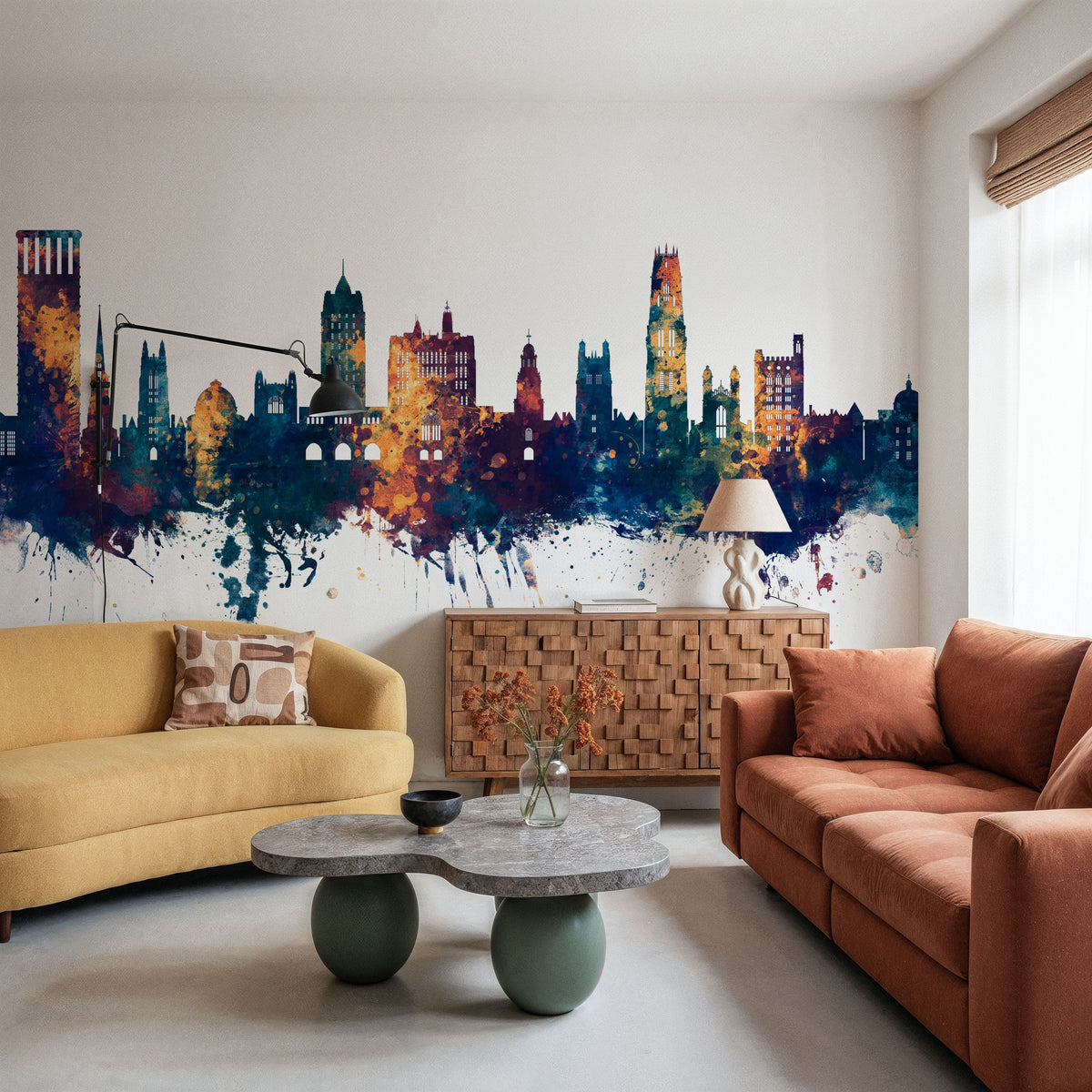 New Haven Connecticut Skyline Blue & Bronze Mural Wallpaper - room preview 05
