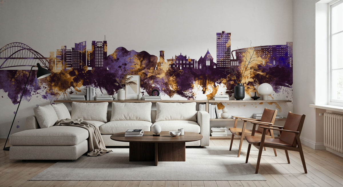 Gateshead England Skyline Purple & Gold Mural Wallpaper - room preview 05