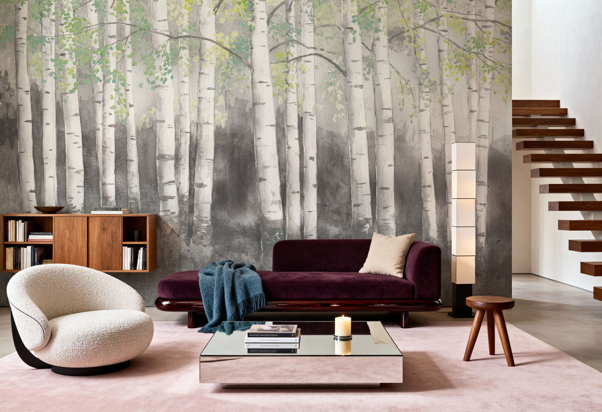 Soft Birches Charcoal Mural Wallpaper - room preview 05