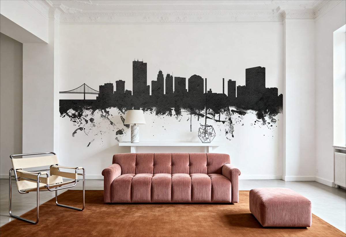 Toledo Ohio Skyline Black & White Mural Wallpaper - room preview 05