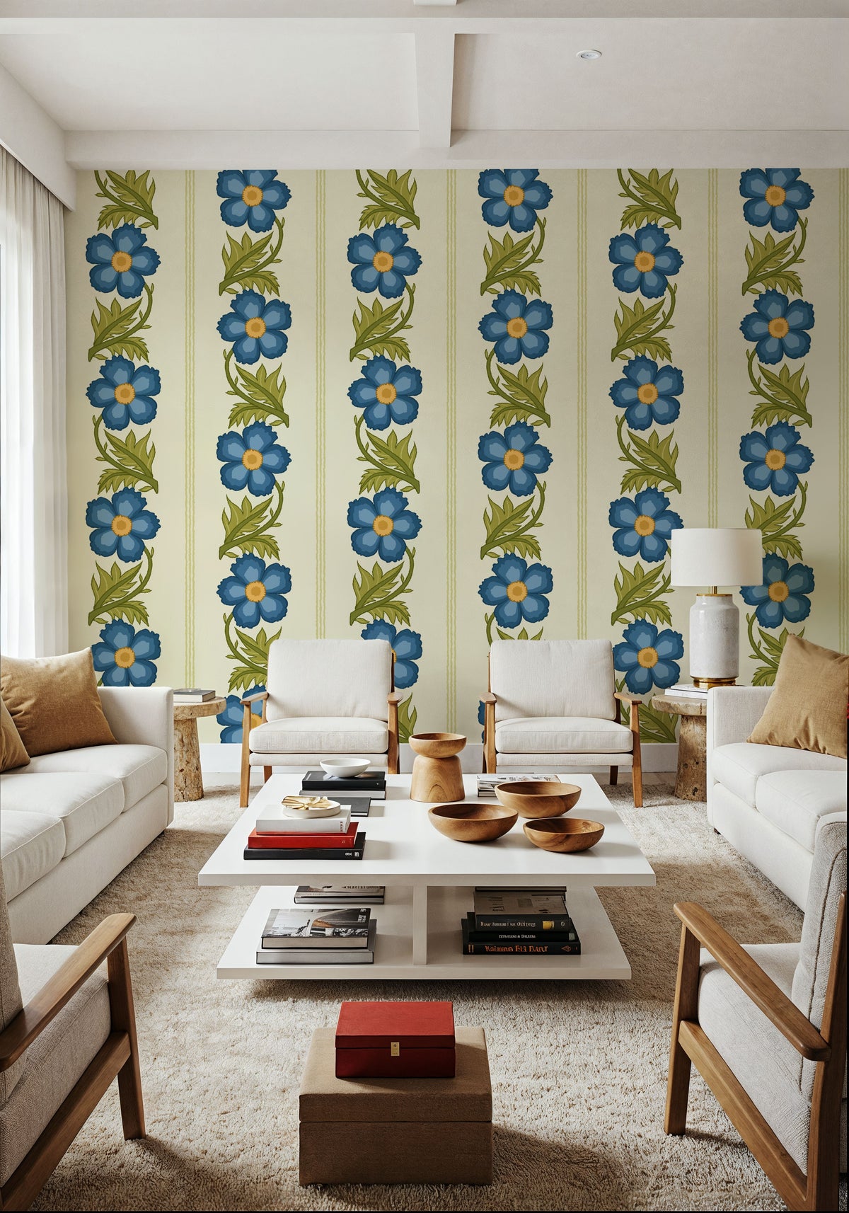 Floral Stripe, Blue Mural Wallpaper - room preview 05