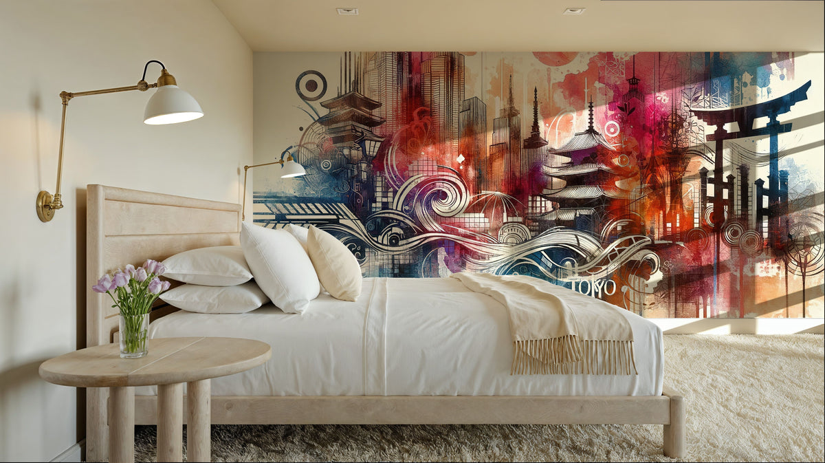 Watercolor Skyline Tokyo II Mural Wallpaper - room preview 05