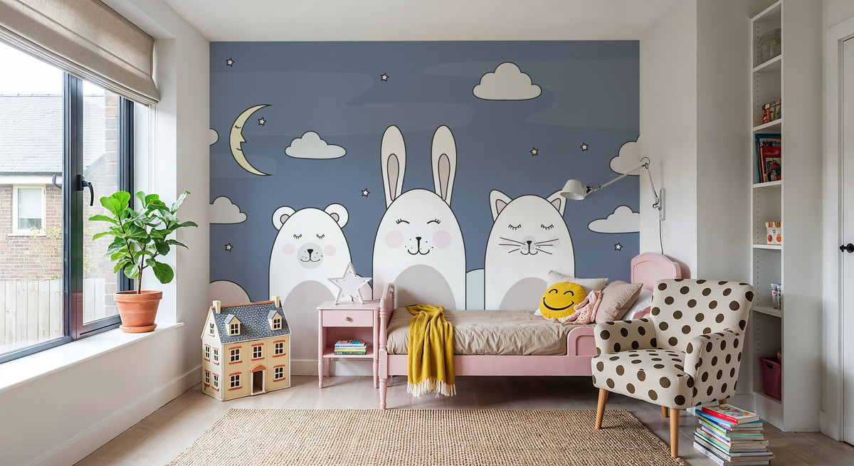 Sleeping Bunny Blue Mural Wallpaper - room preview 05