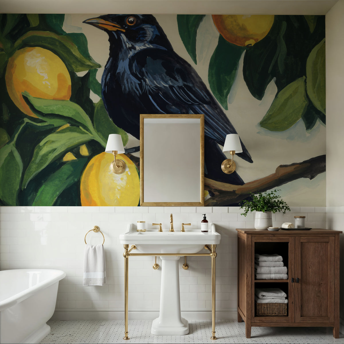 Bird with Lemon Branch Mural Wallpaper - room preview 05