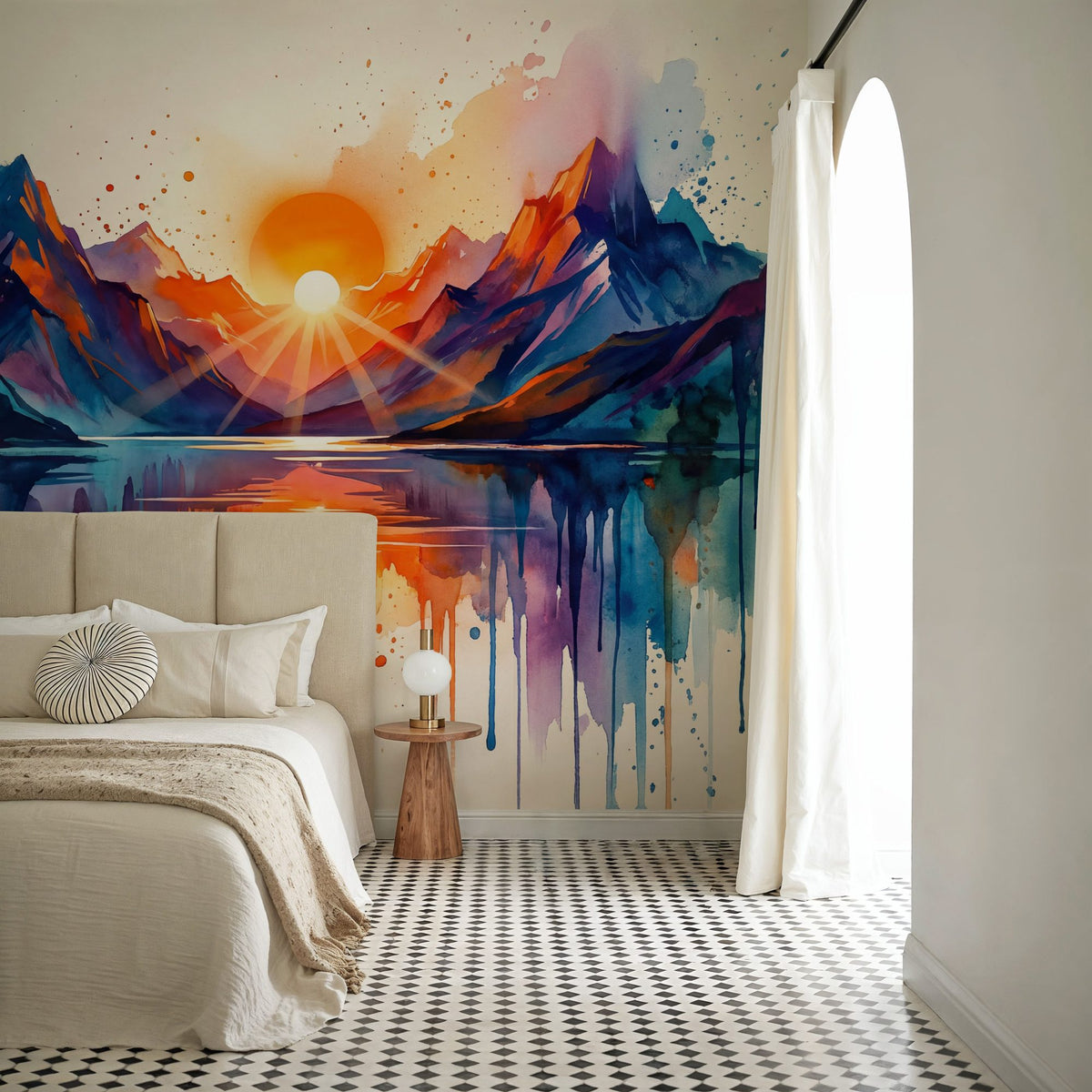 Mountain Lake - Watercolor Sunset Series Mural Wallpaper - room preview 05