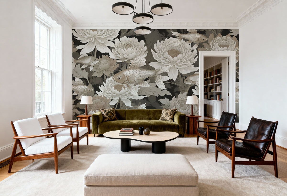 Dancing Fish, Khaki Mural Wallpaper - room preview 05