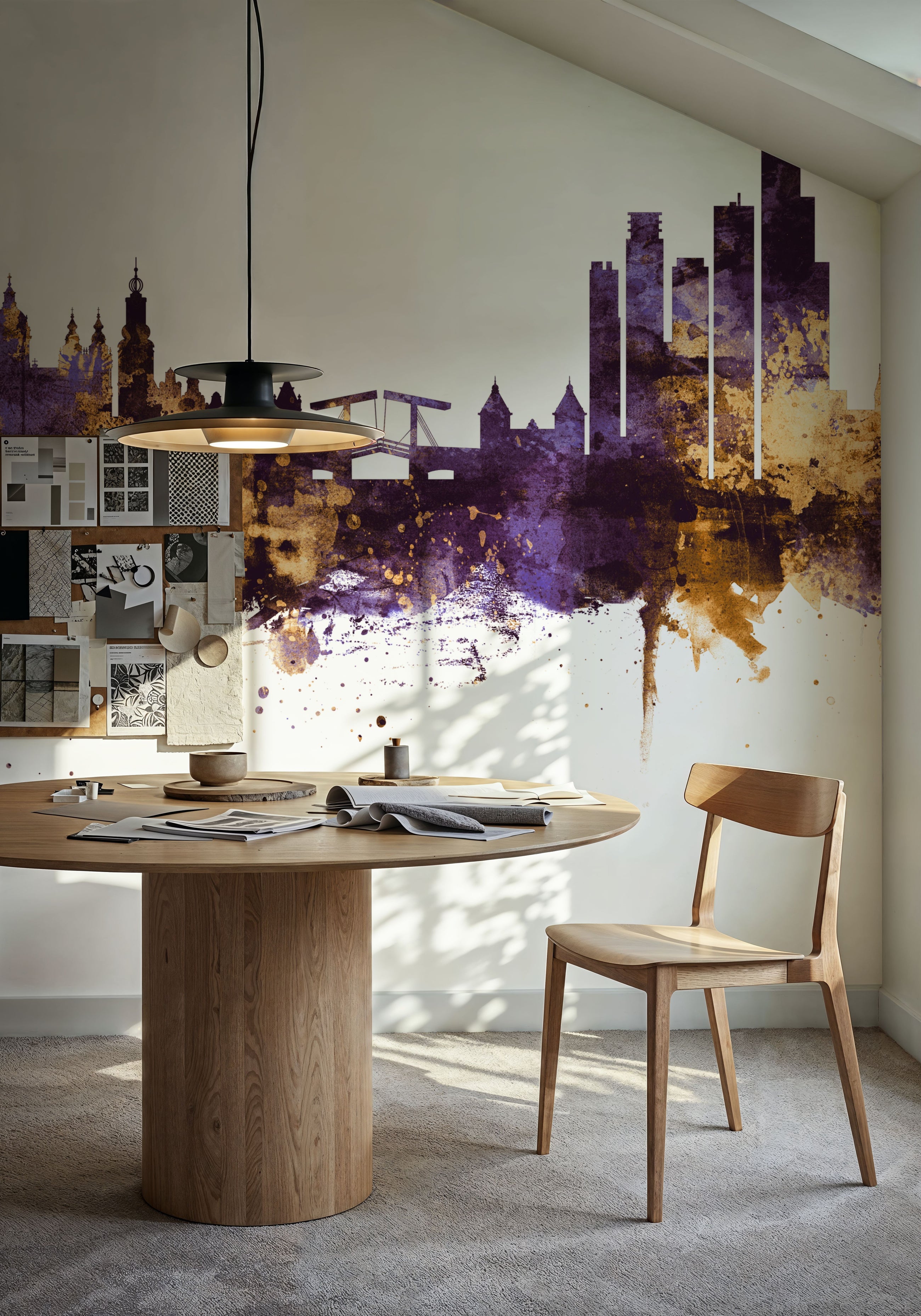 Amsterdam Skyline Purple & Gold Mural Wallpaper