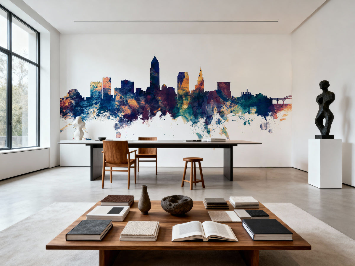 Cleveland Ohio Skyline Blue & Bronze Mural Wallpaper - room preview 05