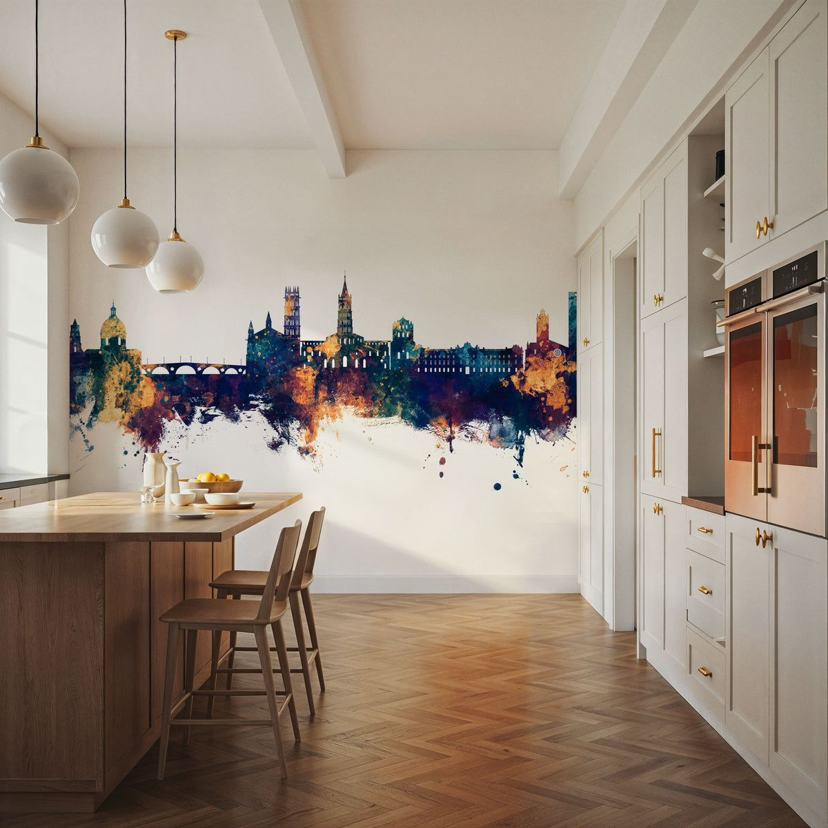 Toulouse France Skyline Blue & Bronze Mural Wallpaper - room preview 05