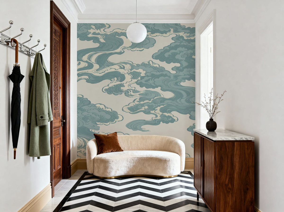 Ukiyo-e Clouds, Soft Teal Mural Wallpaper - room preview 05