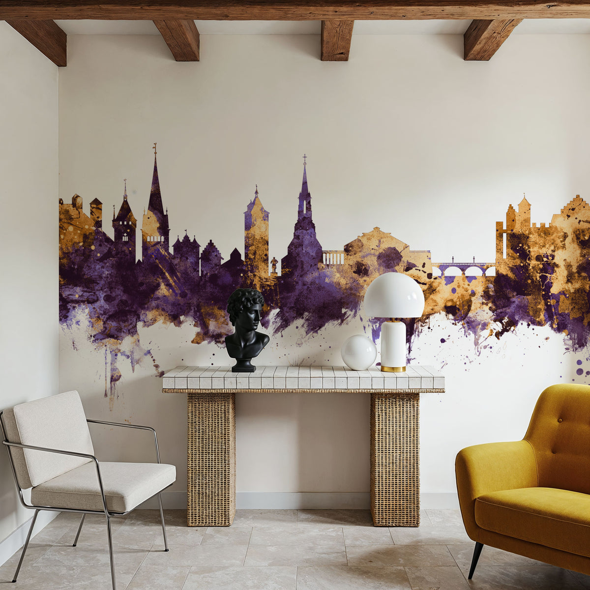 Schaffhausen Switzerland Skyline Purple & Gold Mural Wallpaper - room preview 05