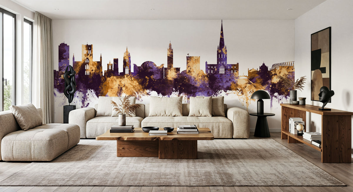 Norwich England Skyline Purple & Gold Mural Wallpaper - room preview 05