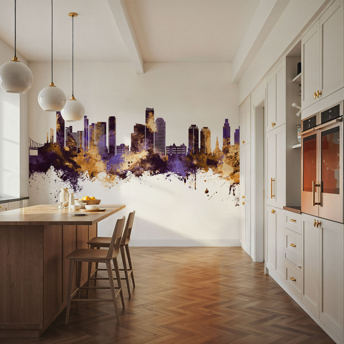 Queens New York Skyline Purple & Gold Mural Wallpaper - room preview 05
