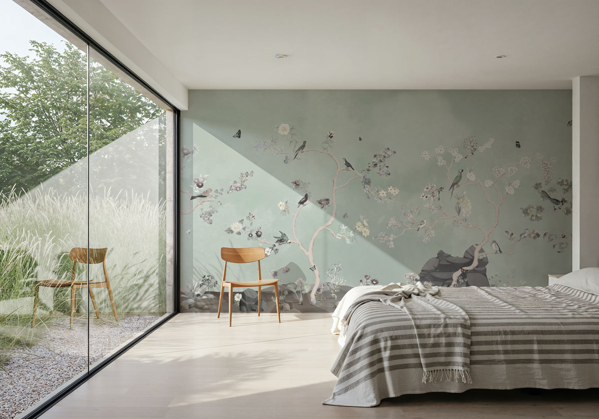 Birds in the Garden Blue Green Mural Wallpaper - room preview 05