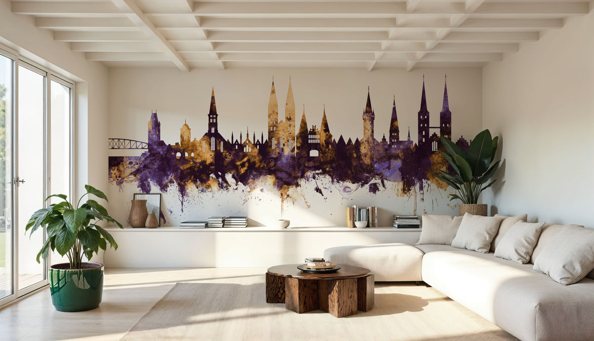 Lubeck Germany Skyline Purple & Gold Mural Wallpaper - room preview 05