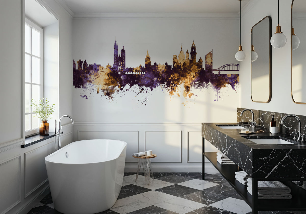 Krakow Skyline Purple & Gold Mural Wallpaper - room preview 05