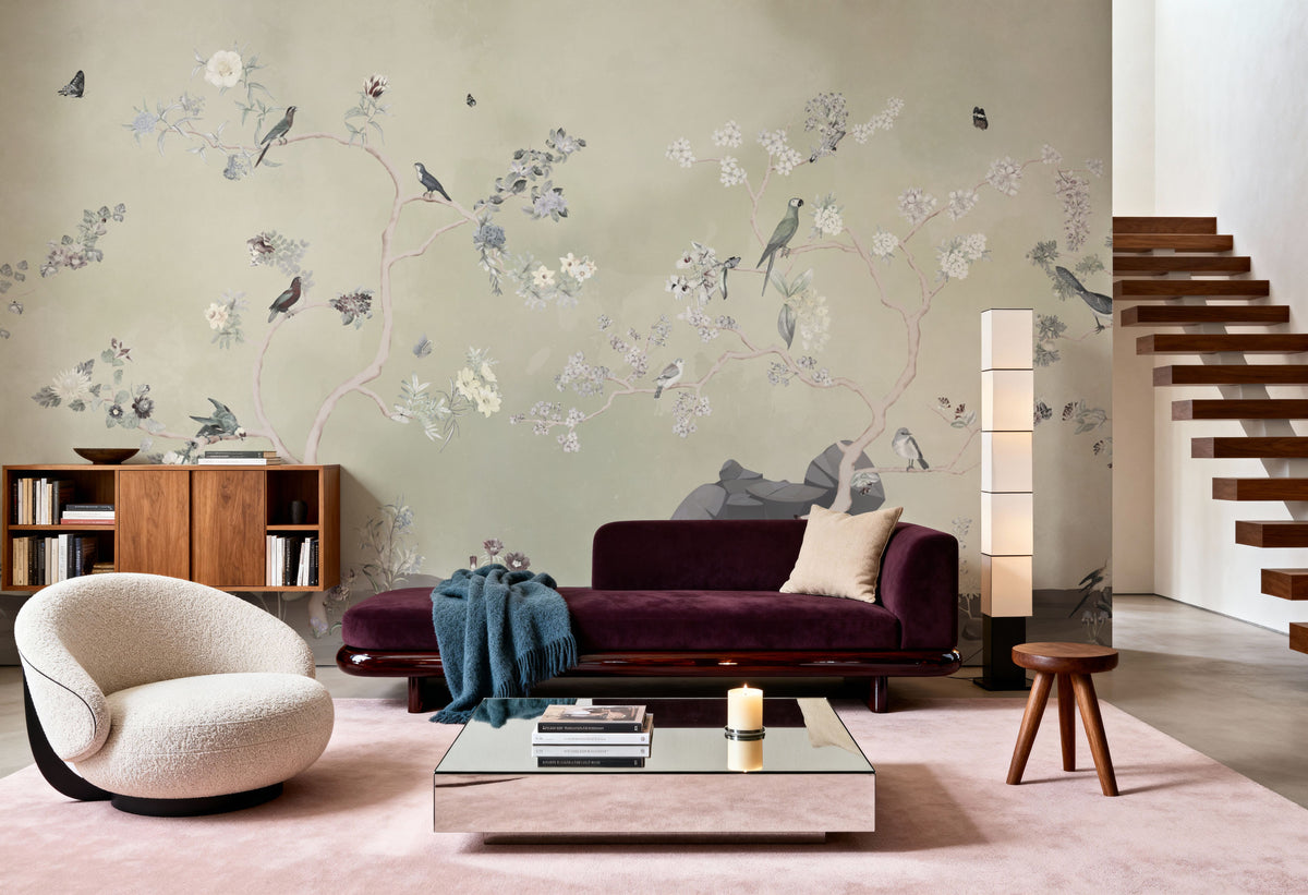 Birds in the Garden Light Green Mural Wallpaper - room preview 05
