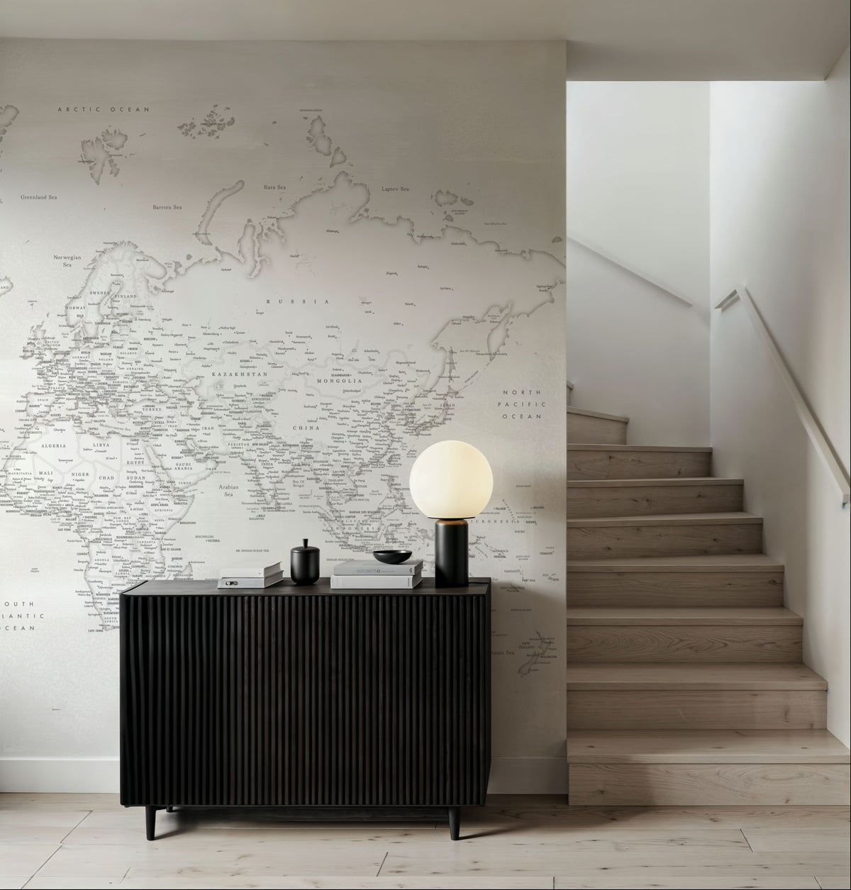 World Map Cities - Maeli White Mural Wallpaper - room preview 05