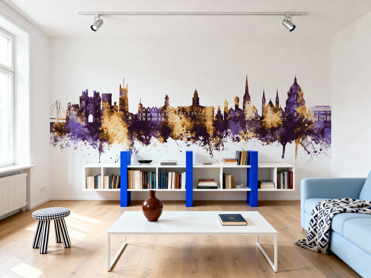 Lancaster England Skyline Purple & Gold Mural Wallpaper - room preview 05