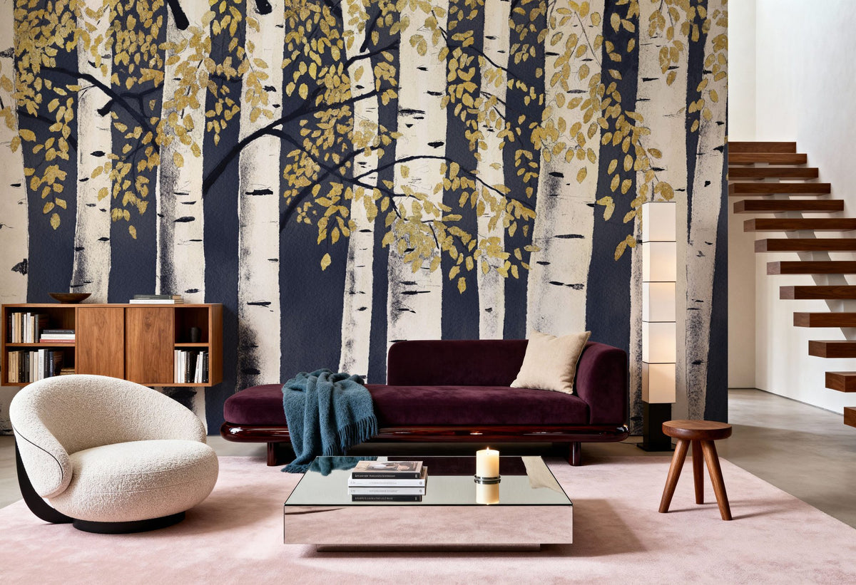 Fresh Forest Indigo Gold Mural Wallpaper - room preview 05