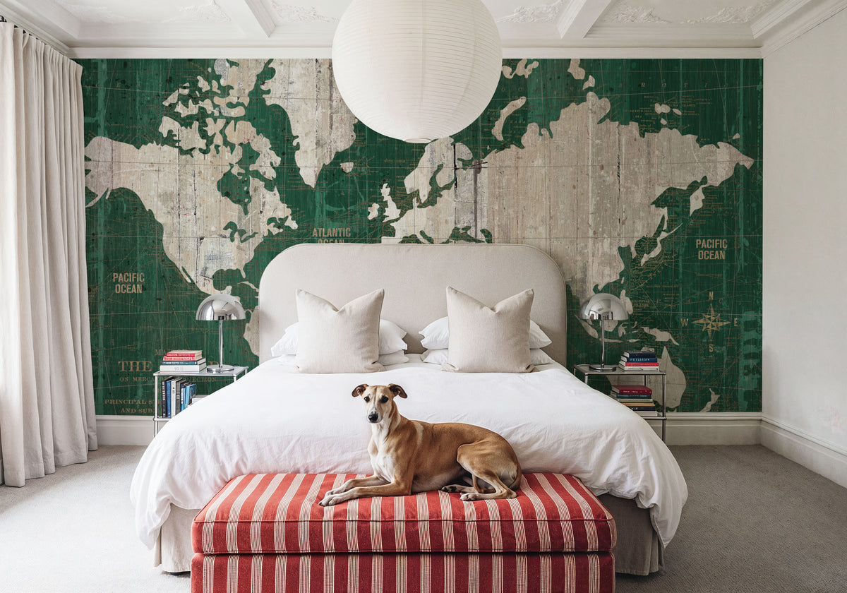 Old World Map Green Mural Wallpaper - room preview 05