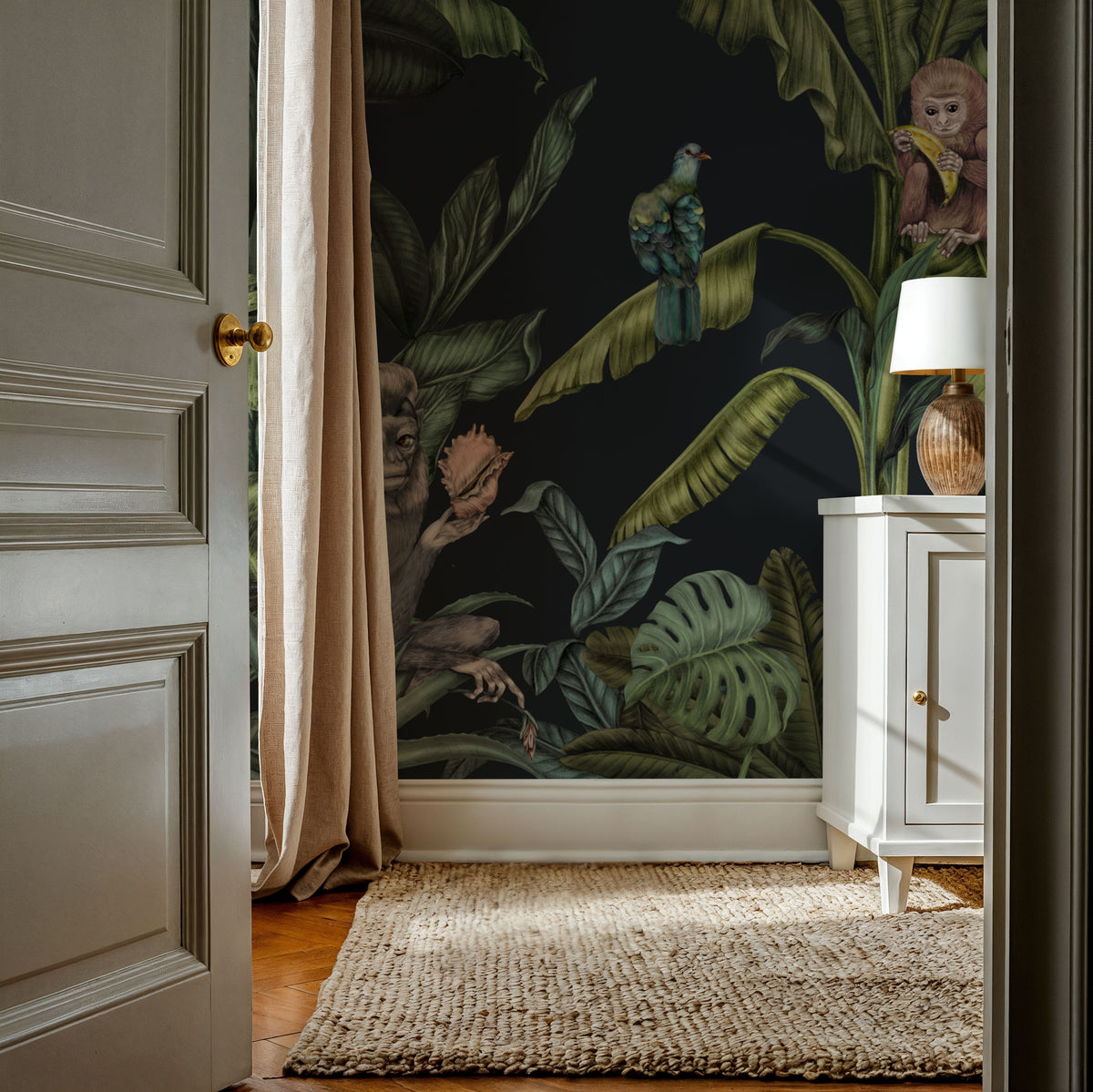Monkeys with Birds, Dark Mural Wallpaper - room preview 05
