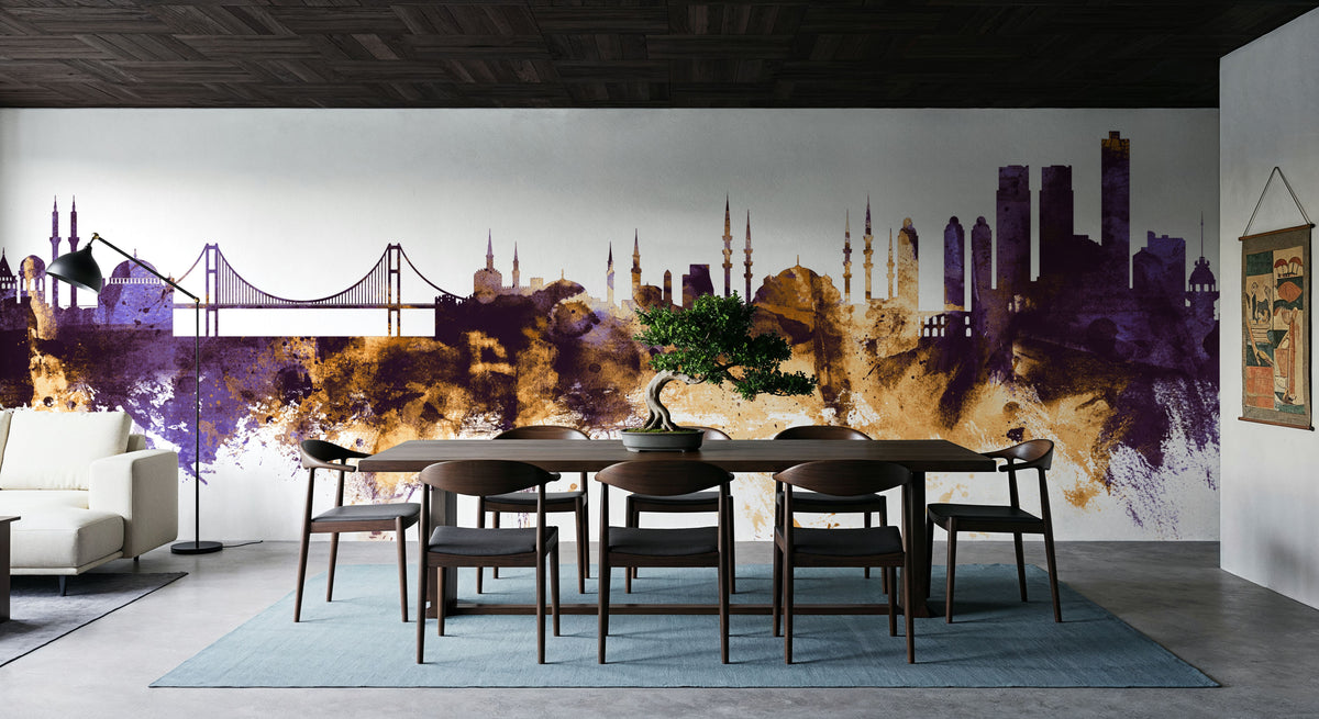 Istanbul Turkey Skyline Purple & Gold Mural Wallpaper - room preview 05