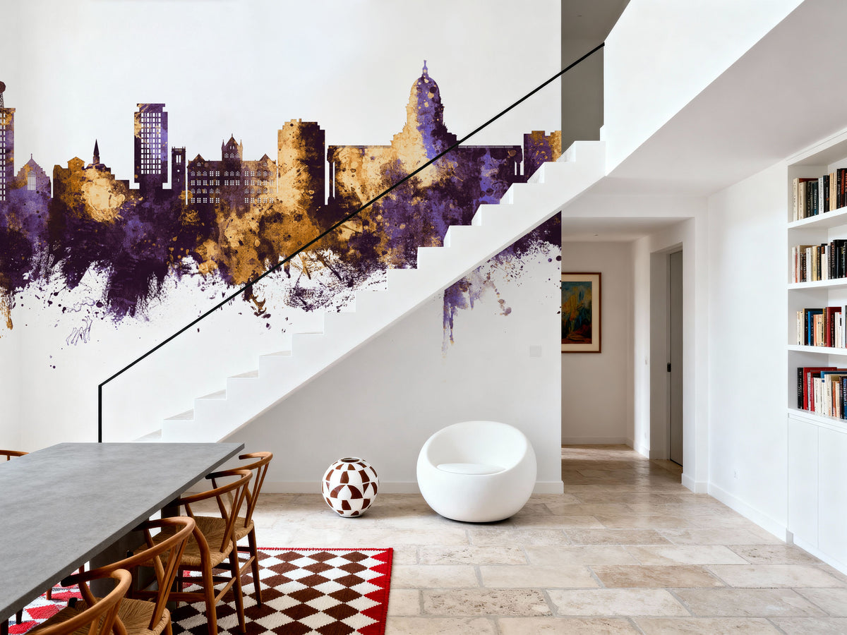 Madison Wisconsin Skyline Purple & Gold Mural Wallpaper - room preview 05