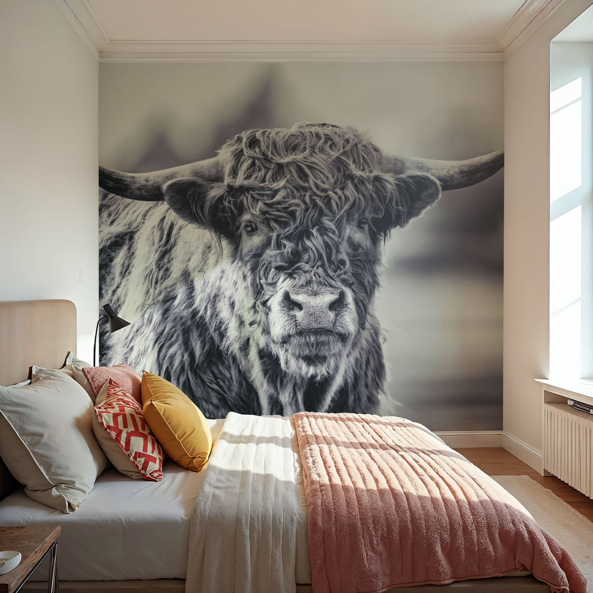 Highland Cow Pastures II Mural Wallpaper - Neutral Tone - room preview 05