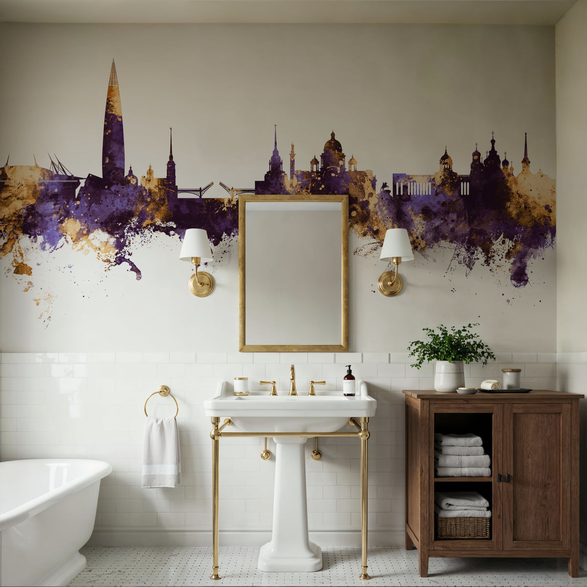 St Petersbug Russia Skyline Purple & Gold Mural Wallpaper - room preview 05