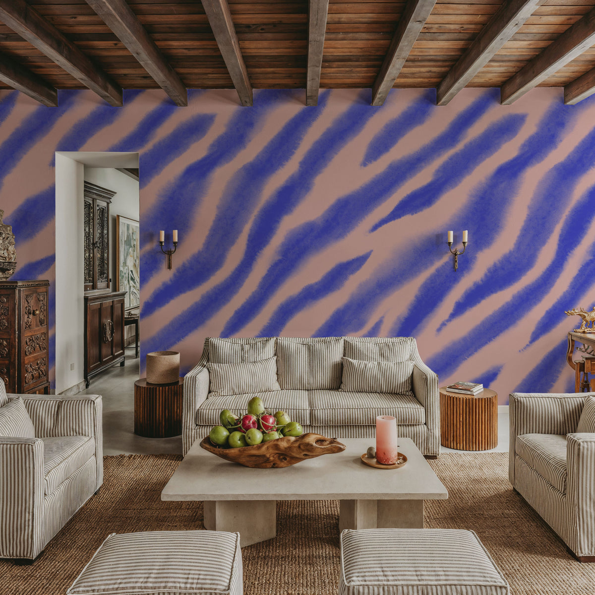Watercolor Tiger Stripes, Periwinkle on Pink Mural Wallpaper - room preview 05