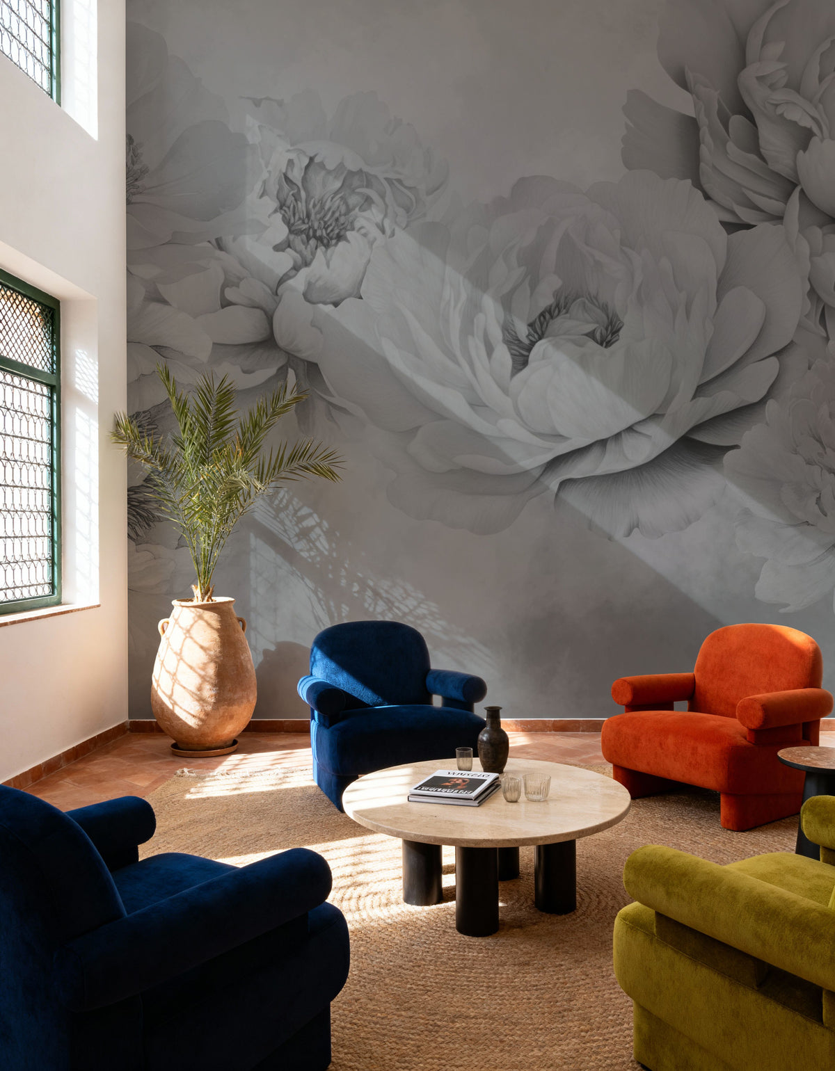 Transcendent Peony, Graphite Mural Wallpaper - room preview 05
