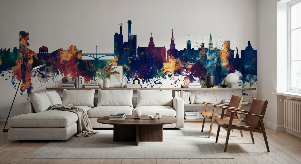 Iowa City Skyline Blu & Bronze Mural Wallpaper - room preview 05