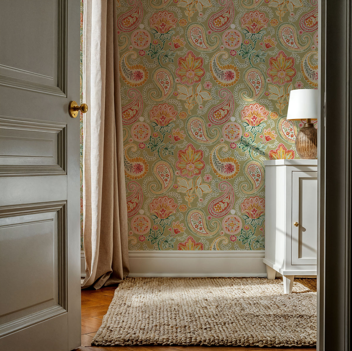 Harvest Paisley Mini Swamp Green Mural Wallpaper - room preview 05