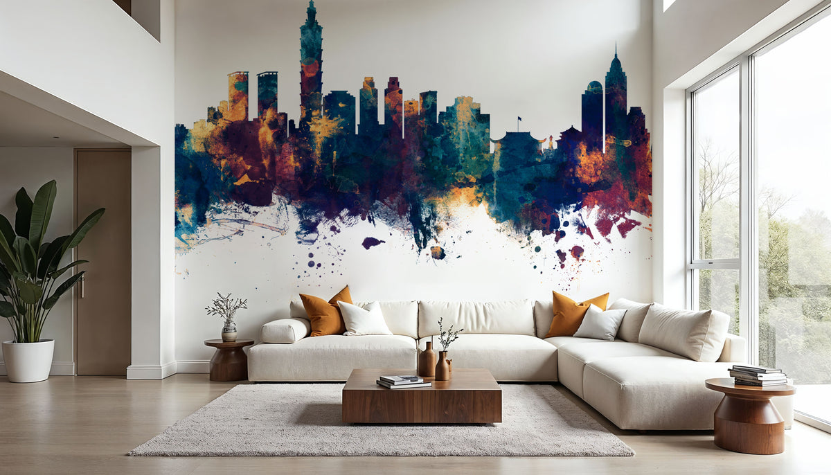 Taipei Taiwan Skyline Blue & Bronze Mural Wallpaper - room preview 05