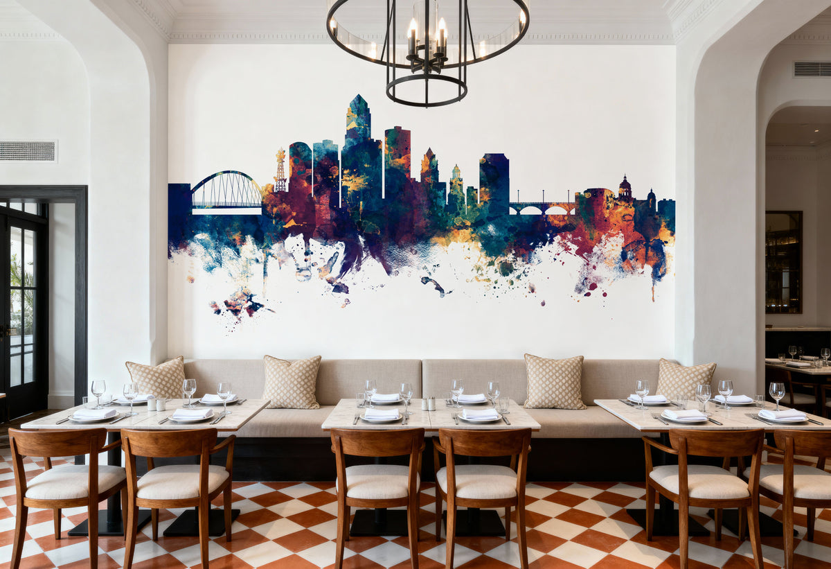 Des Moines Iowa Skyline Blue & Bronze Mural Wallpaper - room preview 05