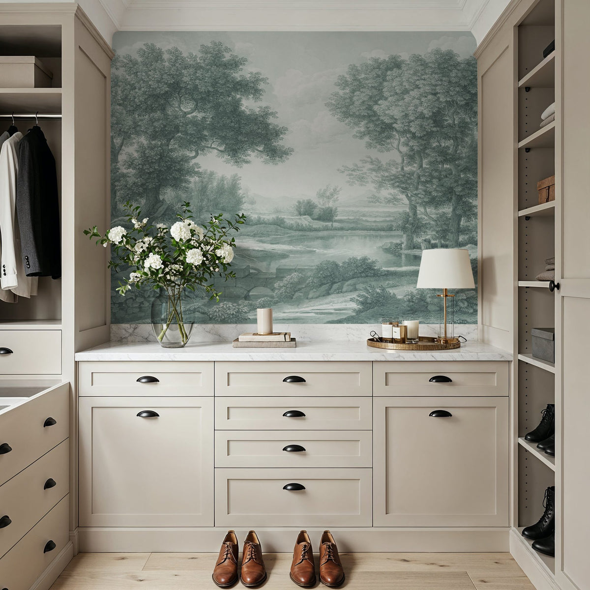 Riverbank Oak Landscape, Forest Green Mural Wallpaper - room preview 05