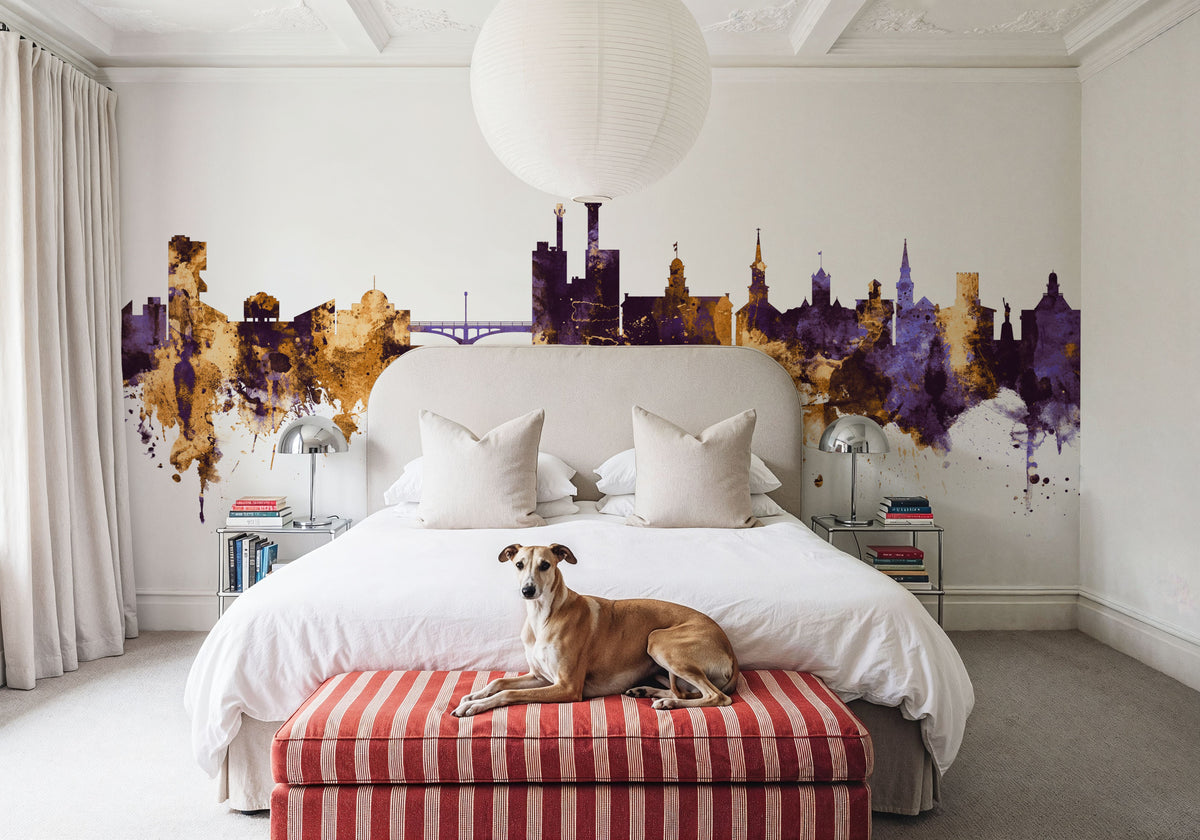 Iowa City Skyline Purple & Gold Mural Wallpaper - room preview 05