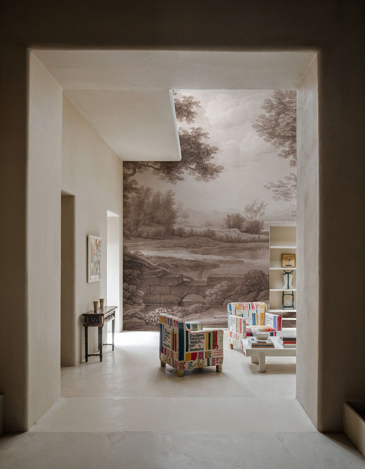 Riverbank Oak Landscape, Sepia Mural Wallpaper - room preview 05