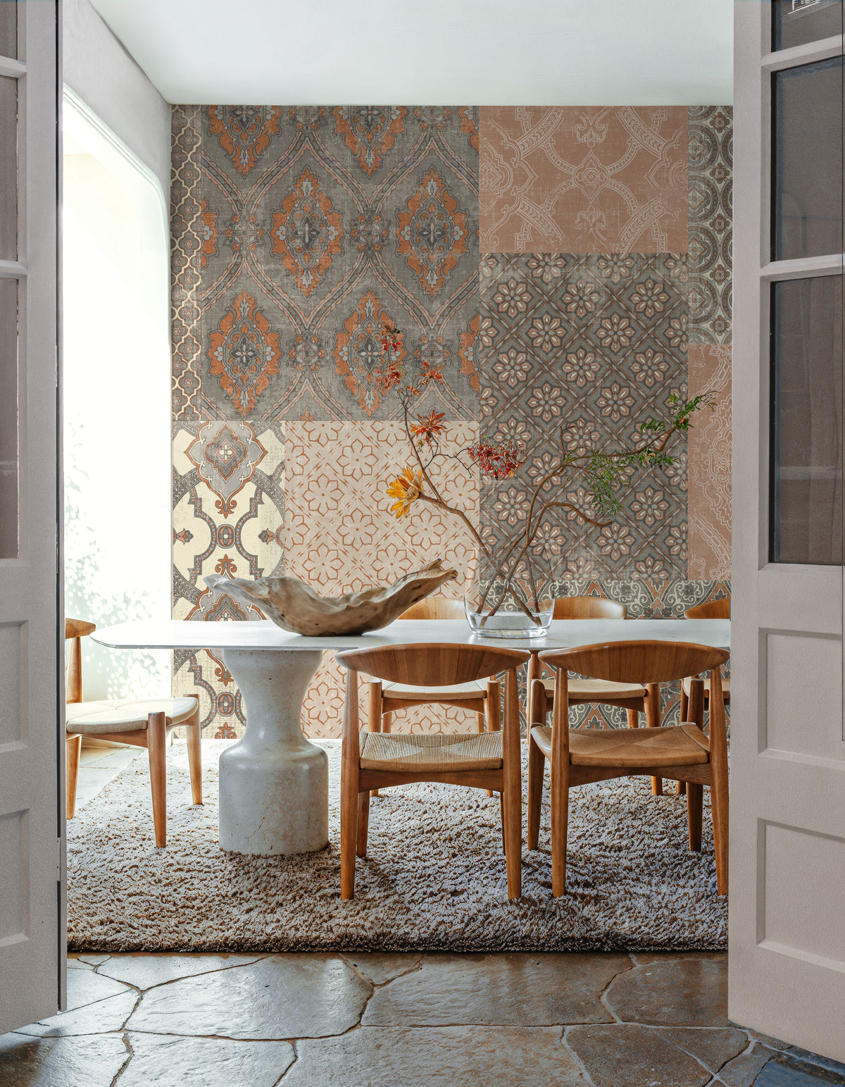 Venetian Patchwork I Orange Gray Mural Wallpaper - room preview 05