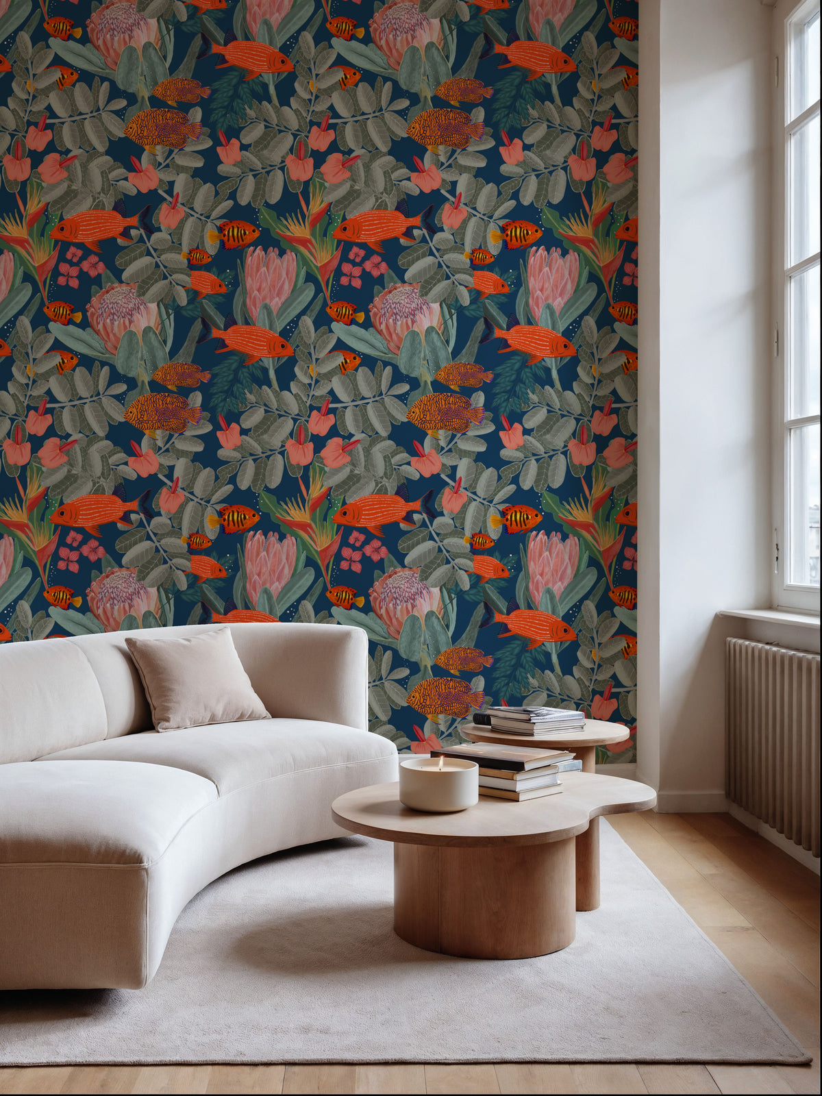 Orange Fish & Proteas Mural Wallpaper - room preview 05