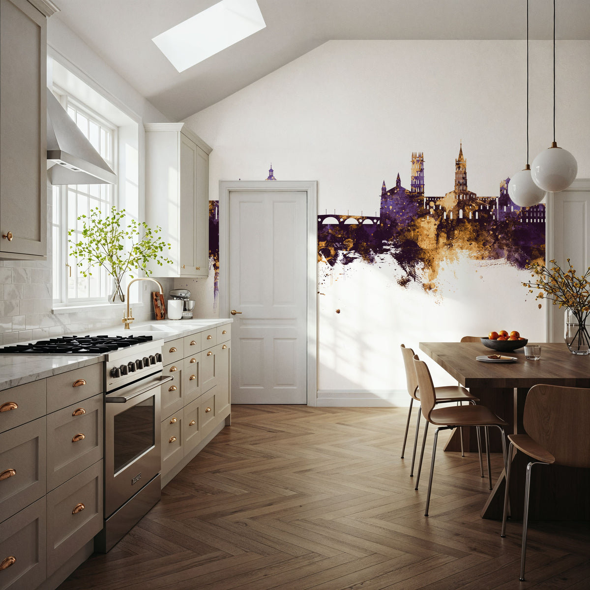 Toulouse France Skyline Purple & Gold Mural Wallpaper - room preview 05