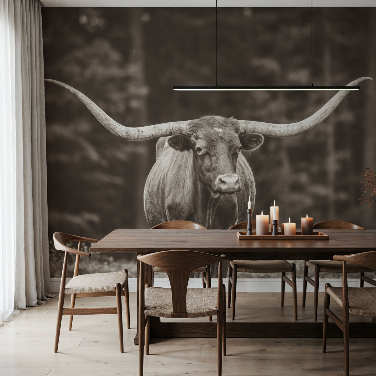 Longhorn Flowers Sepia Mural Wallpaper - room preview 05