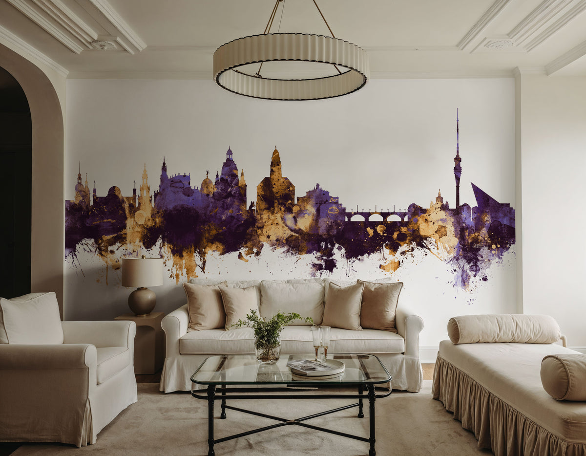 Dresden Germany Skyline Purple & Gold Mural Wallpaper - room preview 05