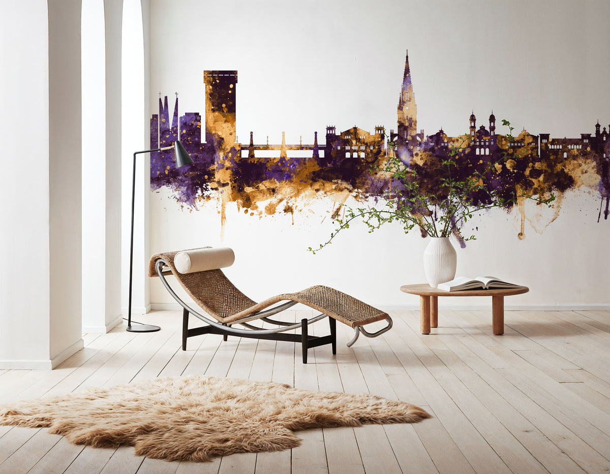 San Sebastian Spain Skyline Purple & Gold Mural Wallpaper - room preview 05