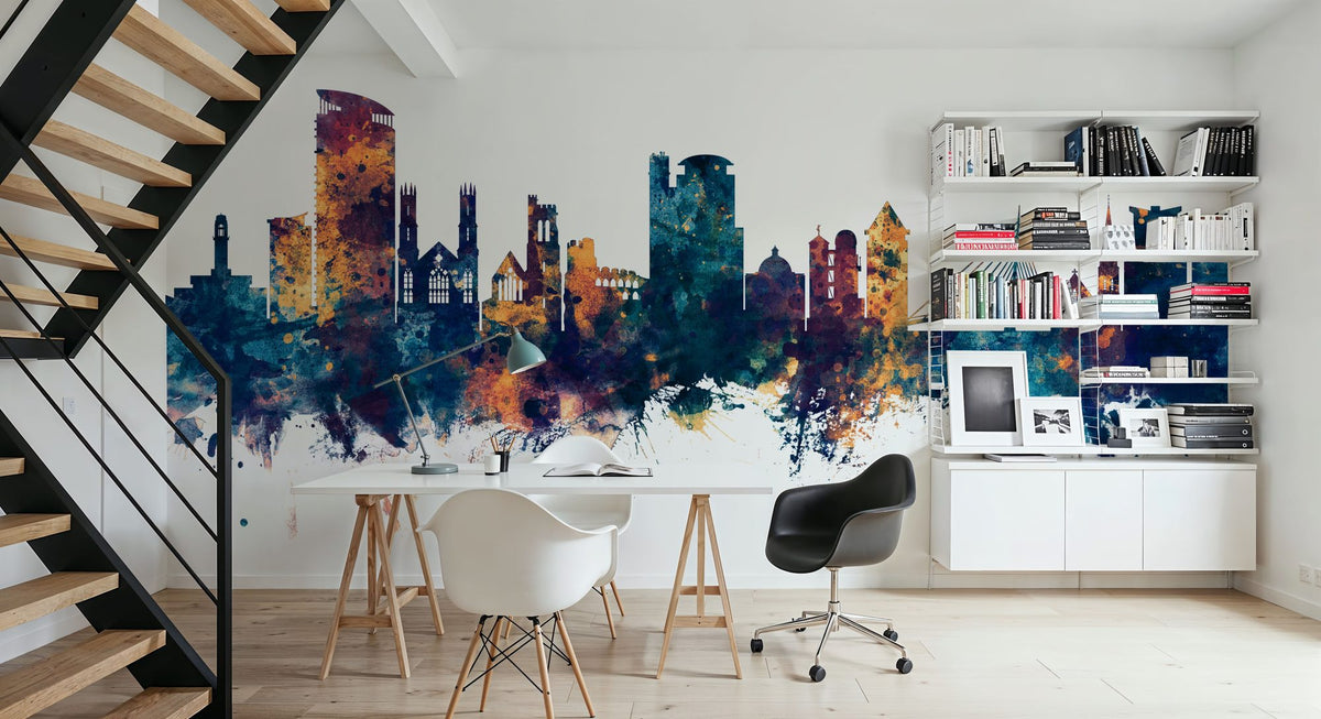 Swansea Wales Skyline Blue & Bronze Mural Wallpaper - room preview 05
