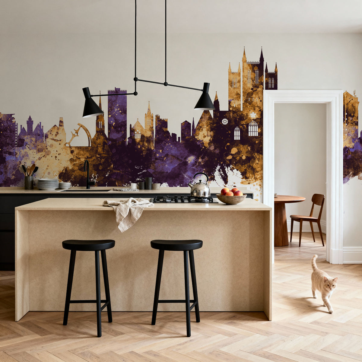 Lincoln England Skyline Purple & Gold Mural Wallpaper - room preview 05