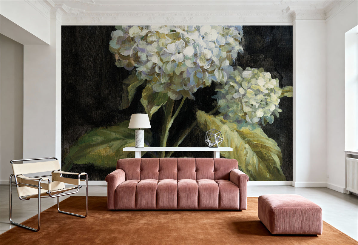 Hydrangea on Black Mural Wallpaper - room preview 05